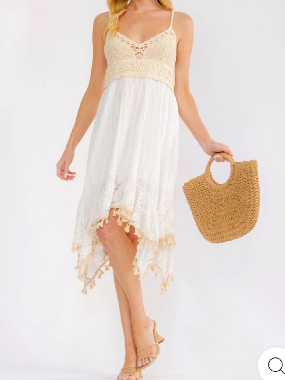 Boho NWT womans Crochet Bodice White & tan Boho Handkerchief mini Dress S-M-L